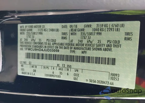 2018 Ford Escape Sel from USA, damaged, VIN 1FMCU9HD4JUD33059